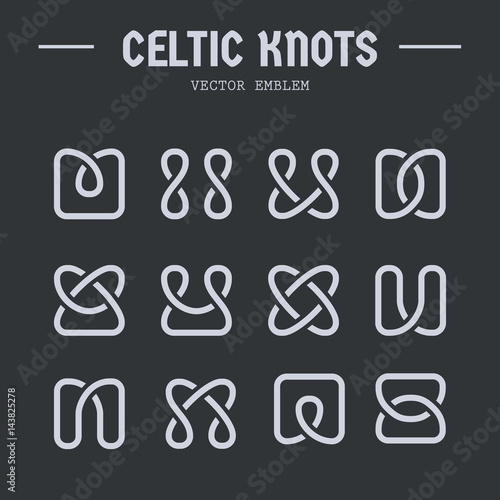 Celtic knots inspired vector logos collection. Irish pattern, ornament, simple elements on dark background.