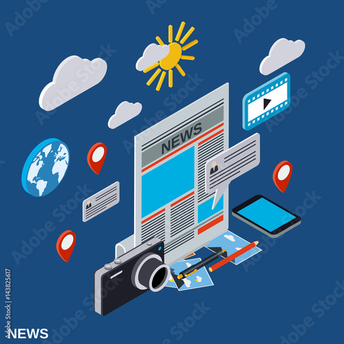 Newscast, information, journalism, mass media flat 3d isometric illustration