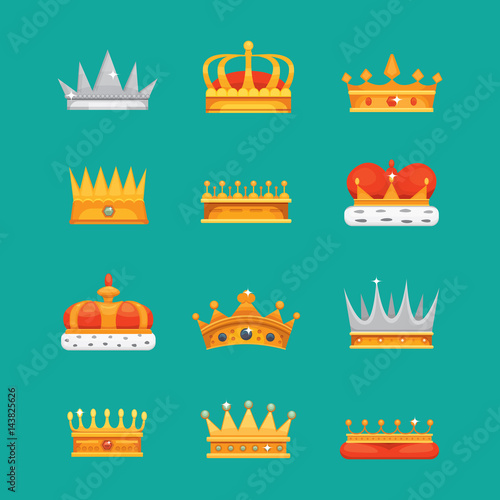 Collection of crown icons awards for winners, champions, leadership. Royal king, queen, princess crowns.