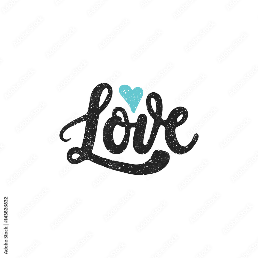 Love - black hand drawn lettering with blue abstract heart and texture ...