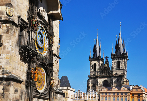 Old astronomical clock Prague astronomical clock in Old Town Square with Church of Our Lady before Tyn  Prague  Bohemia  Czech Republic