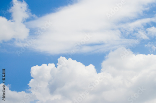 Blue sky with white and grey clouds.