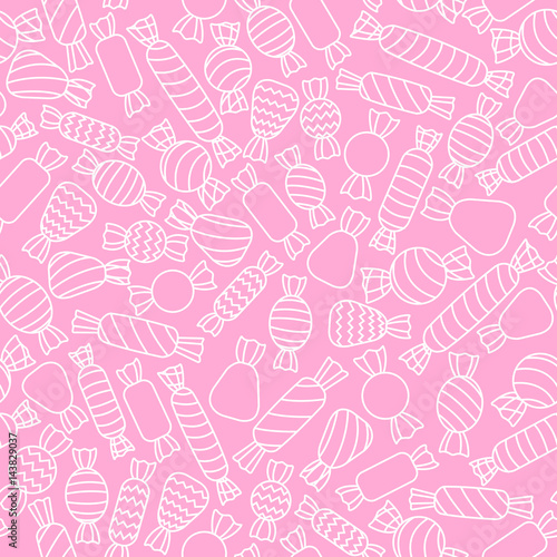 Vector outlined white candies on the pink background. Seamless pattern.