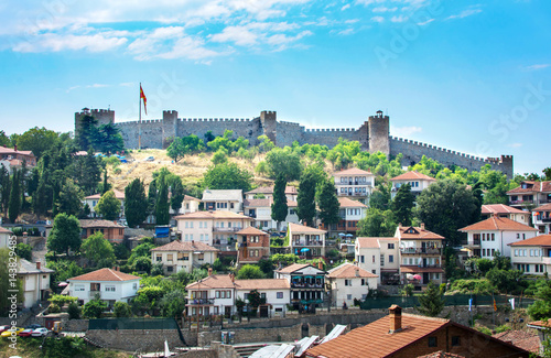 The walls of Samuel Fortress above houses of Ohrid in Macedonia