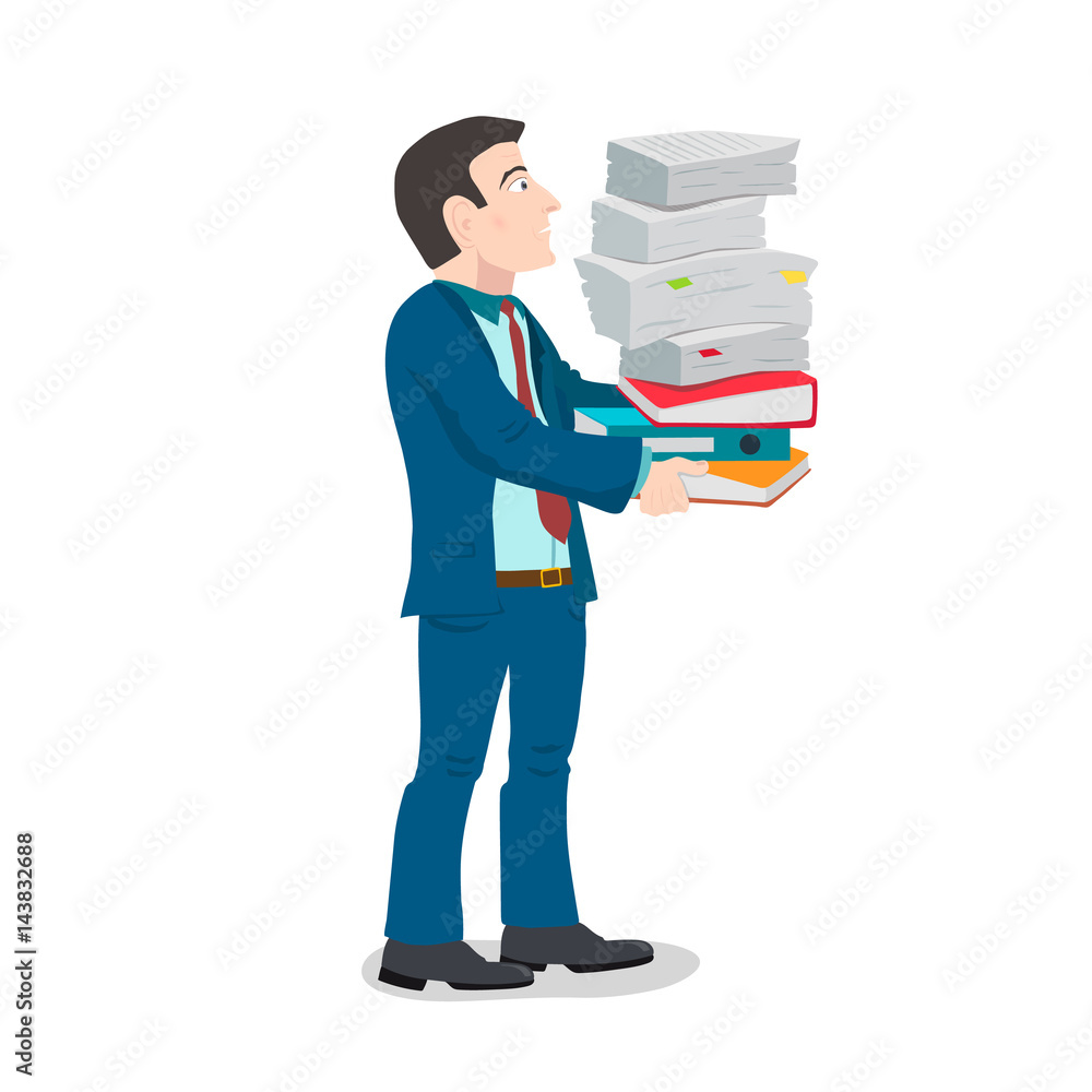 angry businessman or manager with a lot of documents came out is going to work.