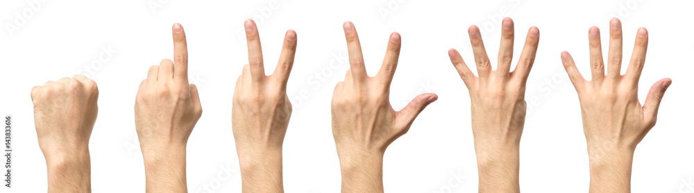 Male hands counting from zero to five isolated Male hands counting from zero to five isolated