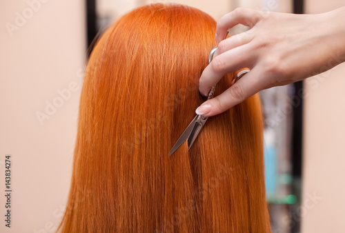 The hairdresser does a haircut with scissors of hair to a young with red hair girl in a beauty salon.