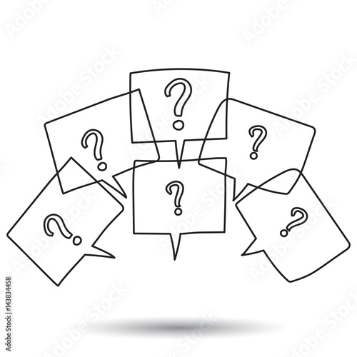 Question marks in thought bubbles. Hand drawn line art cartoon vector illustration on white background.