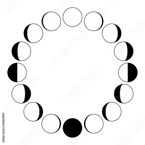 Raster illustration. Moon. The phases of the moon. Simple template. Monochrome. The whole cycle from new moon to full. Graphic image. Stylization. The phases of the moon on a white background