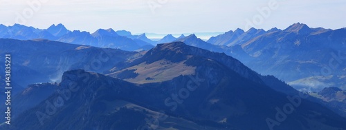 Mountain ranges in the Bernese Oberland just before sunset. View from mount Niesen.