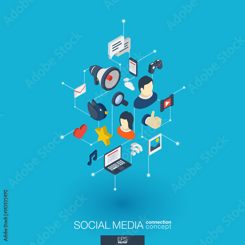 Social Media integrated 3d web icons. Digital network isometric interact concept. Connected graphic design dot and line system. Background for market service, communicate and share. Vector Infograph