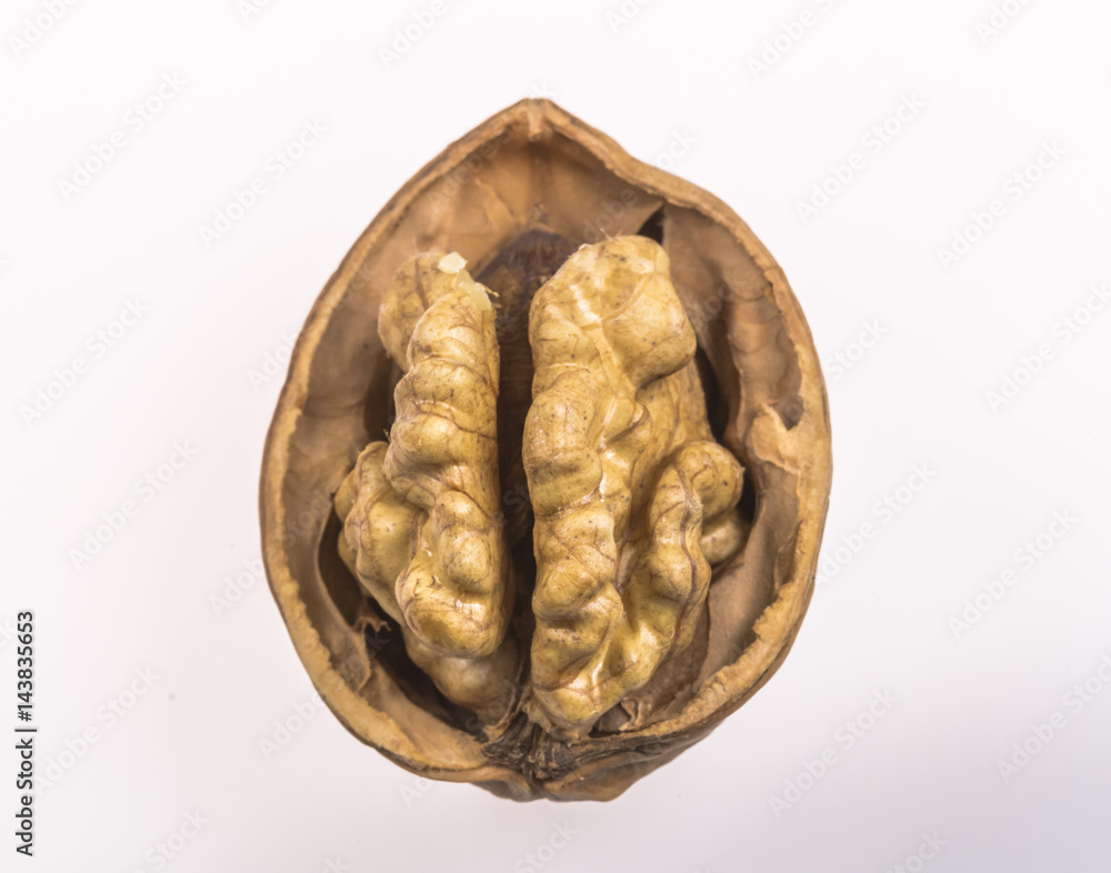 Half opened dry walnut on white background Half opened dry walnut on white background