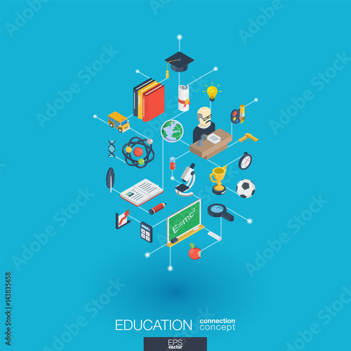 Education integrated 3d web icons. Digital network isometric interact concept. Connected graphic design dot and line system. Abstract background for elearning, graduation and school. Vector Infograph