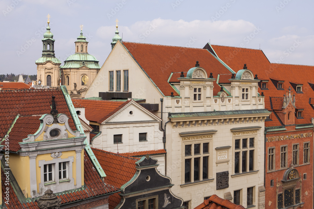 Prague roofs and domes against the blue sky, Prague, Czech Republic, Europe
