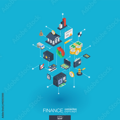 Finance integrated 3d web icons. Digital network isometric interact concept. Connected graphic design dot and line system. Abstract background for money bank, market transaction. Vector Infograph