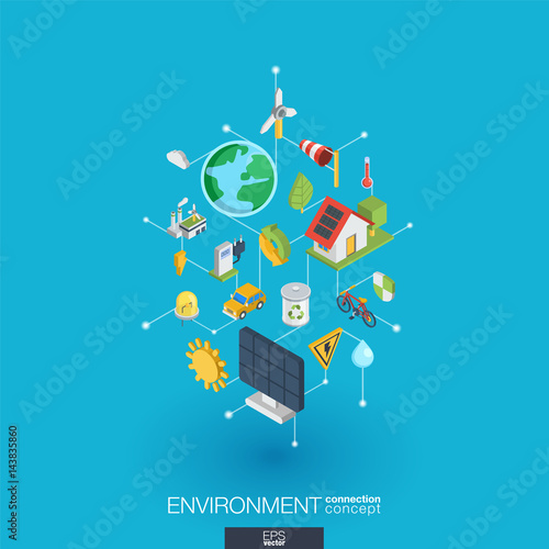 Environmental integrated 3d web icons. Digital network isometric interact concept. Connected graphic design dot and line system. Abstract background for ecology, recycle and energy. Vector Infograph