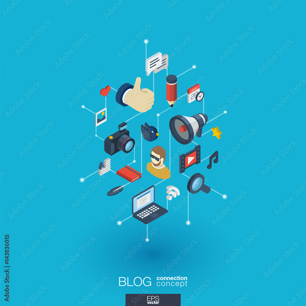 Blog integrated 3d web icons. Digital network isometric interact concept. Connected graphic design dot and line system. Background whith video content publish, post writing, follower. Vector Infograph Blog integrated 3d web icons. Digital network isometric interact concept. Connected graphic design dot and line system. Background whith video content publish, post writing, follower. Vector Infograph