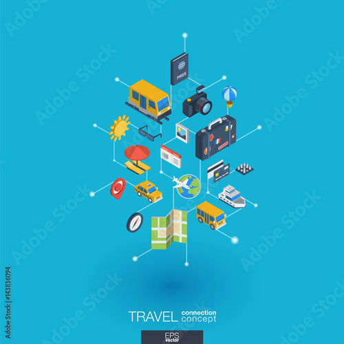 Travel integrated 3d web icons. Digital network isometric interact concept. Connected graphic design dot and line system. Background whith tour map, hotel booking, flight ticket. Vector Infograph