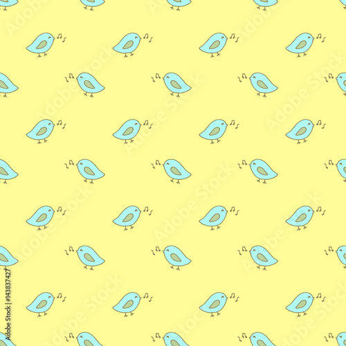 Seamless pattern with singing birds.Vector cute kawaii illustration. Hand drawn japanese kawaii style sketch, abstract imaginary creature
