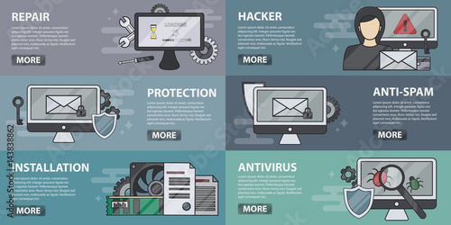 Vector set of flat banners of repair, hardware and installation. Concept of computer market, online support and antivirus. Collection of computer elements in line design.