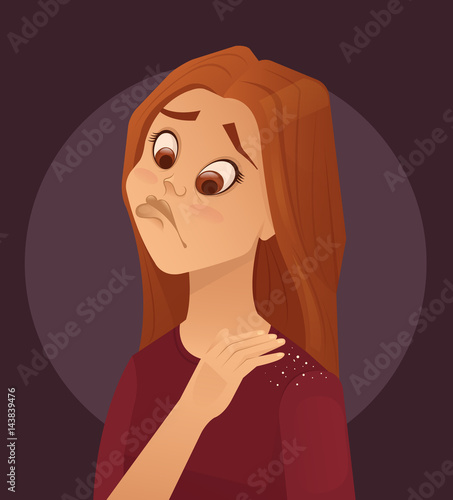 Woman girl teen character shakes off dandruff from shoulder. Vector flat cartoon illustration 