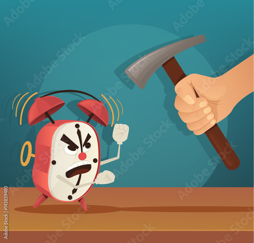 Angry alarm character. Man try broken clock. Early morning. Vector flat cartoon illustration