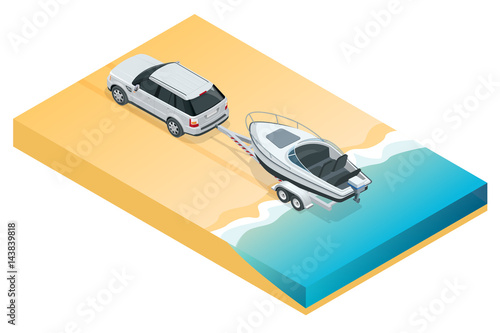 Boat or cutter on a trailer. The launching of a small motor boat at a ramp. Flat 3d isometric high quality water transport