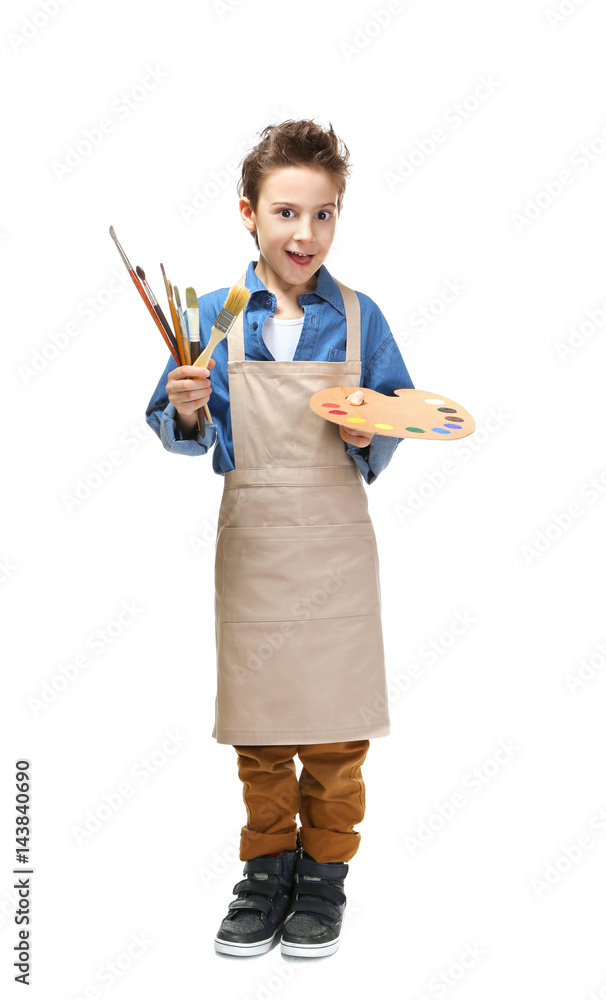 Cute little artist with brushes and palette on white background Cute little artist with brushes and palette on white background