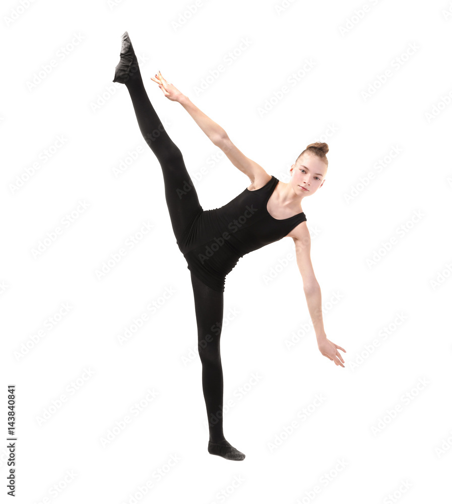 Fototapeta premium Young girl doing gymnastics on white background