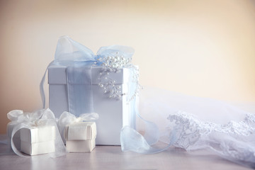 Table with gift boxes for wedding day