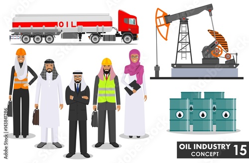 Oil industry concept. Detailed illustration of gasoline truck, oil pump, arab muslim businessman and businesswoman in flat style on white background. Vector illustration.