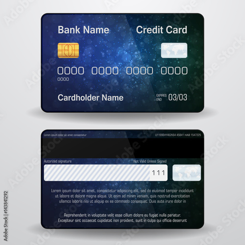 Detailed realistic vector credit card. Front and back side. Money, payment symbol