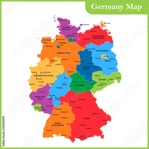 Wallpaper Mural The detailed map of the Germany with regions or states and cities, capitals