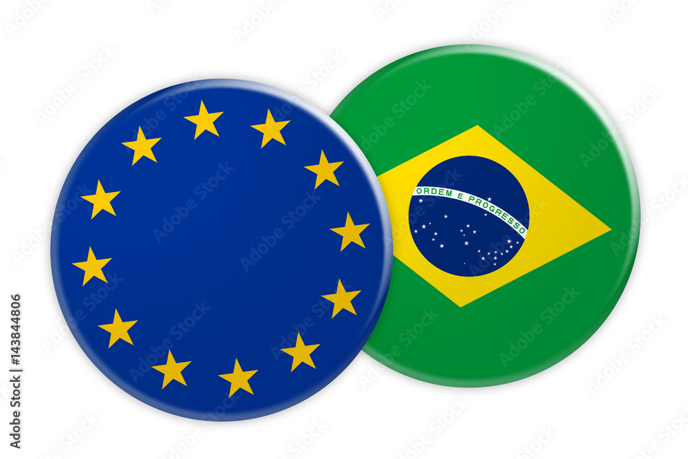 Fototapeta premium News Concept: EU Flag Button On Brazil Flag Button, 3d illustration on white background
