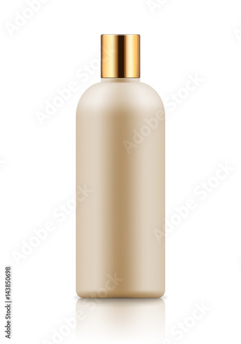 Empty and clean white bottle with cap for shampoo. Realistic 3d blank template plastic container for wash shower gel. Mock-up of package for cosmetic product. Vector illustration.
