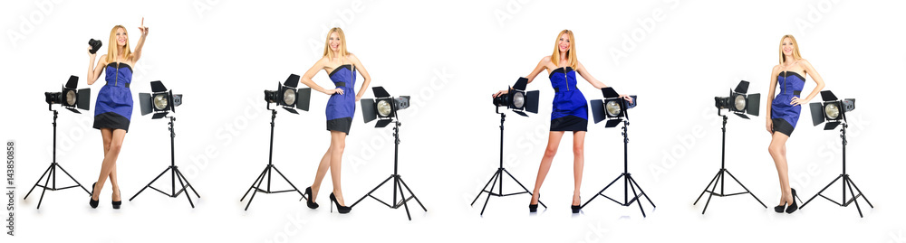 Woman during photo photosession on white