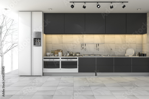 3d rendering minimal black kitchen in winter