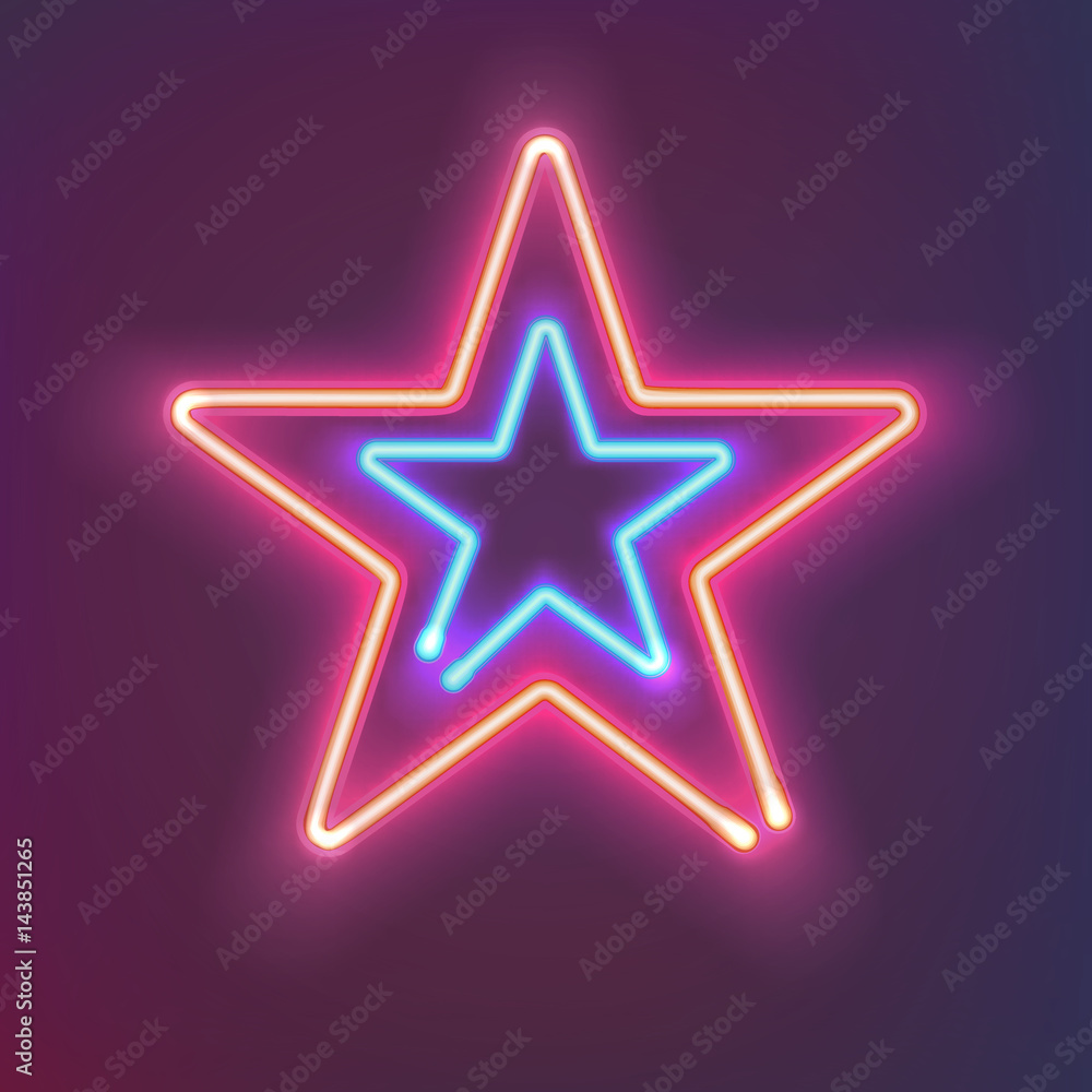 Two shining neon stars. Mysterious bright sign board for your design. Vector illustration. Two shining neon stars. Mysterious bright sign board for your design. Vector illustration.