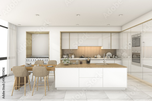 3d rendering scandinavian kitchen and dining room with nice tile