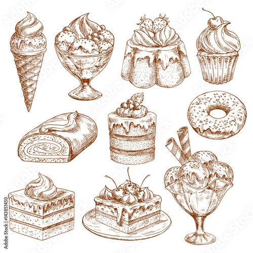 Bakery shop sketch icons of vector pastry desserts