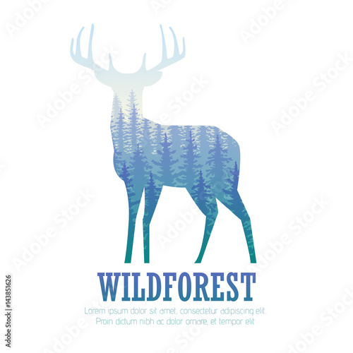 Silhouette of a deer with pine forest, blue and white colors background, vector