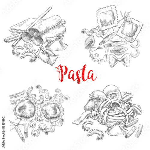 Pasta and Italian macaroni vector sketch