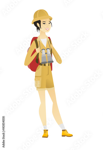 Asian traveler woman with backpack and binoculars.