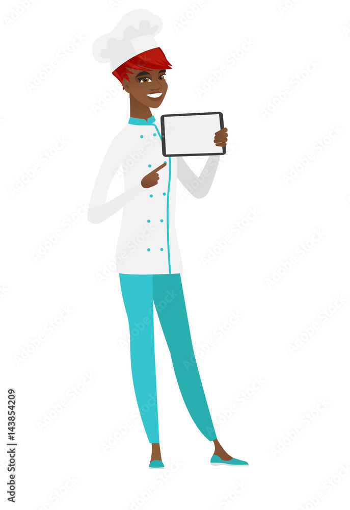 Smiling chef cook holding tablet computer. Smiling chef cook holding tablet computer.