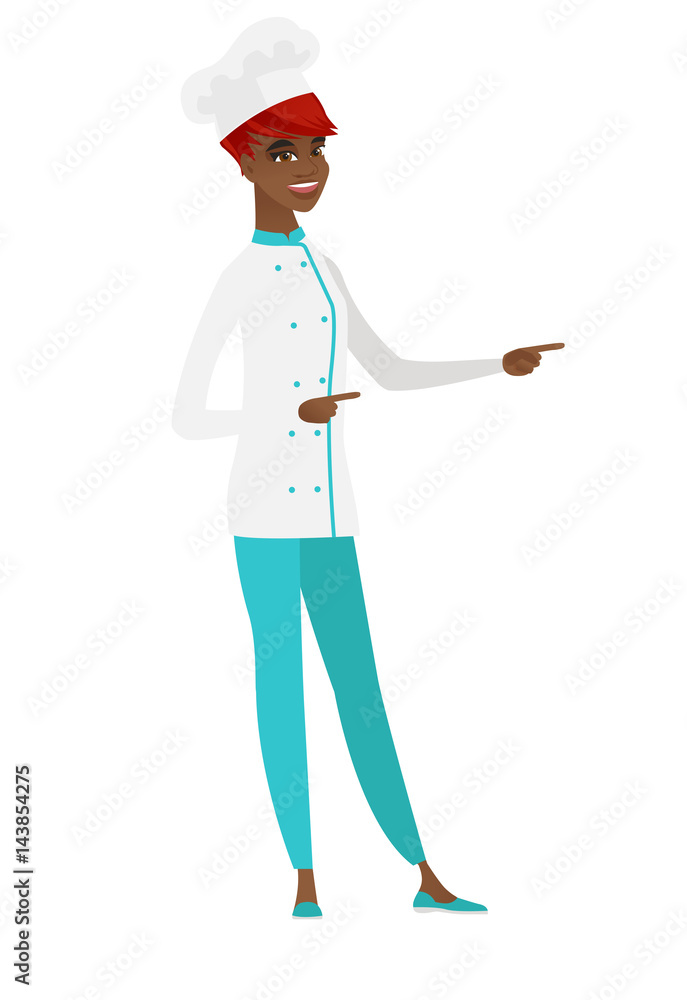 African-american chef cook pointing to the side. African-american chef cook pointing to the side.