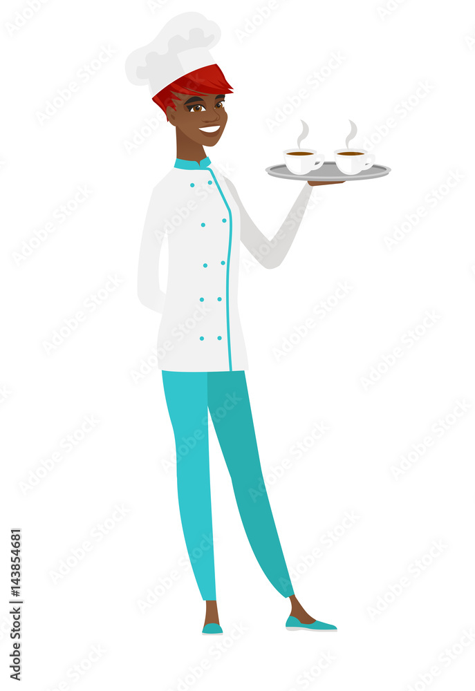 Chef cook holding tray with cups of coffeee or tea Chef cook holding tray with cups of coffeee or tea