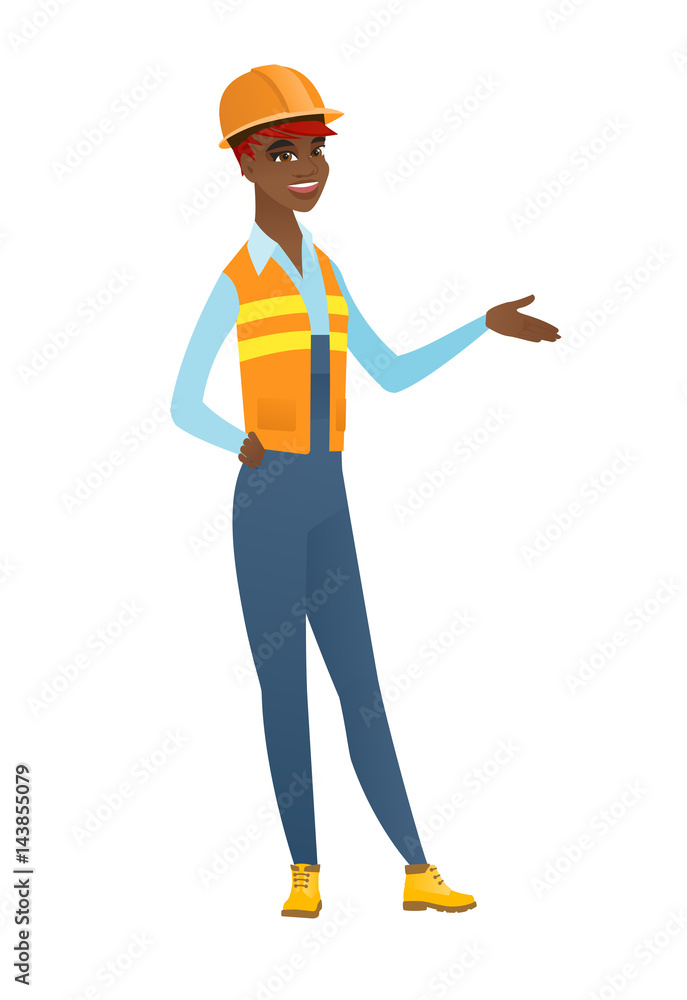 Builder with arm out in a welcoming gesture. Builder with arm out in a welcoming gesture.