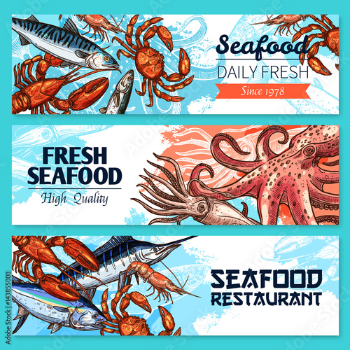 Seafood restaurant banners vector sketch set