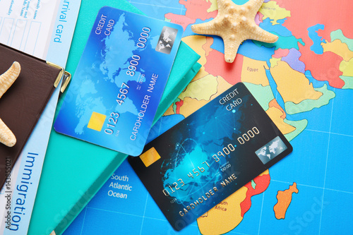 Credit cards on world map b...