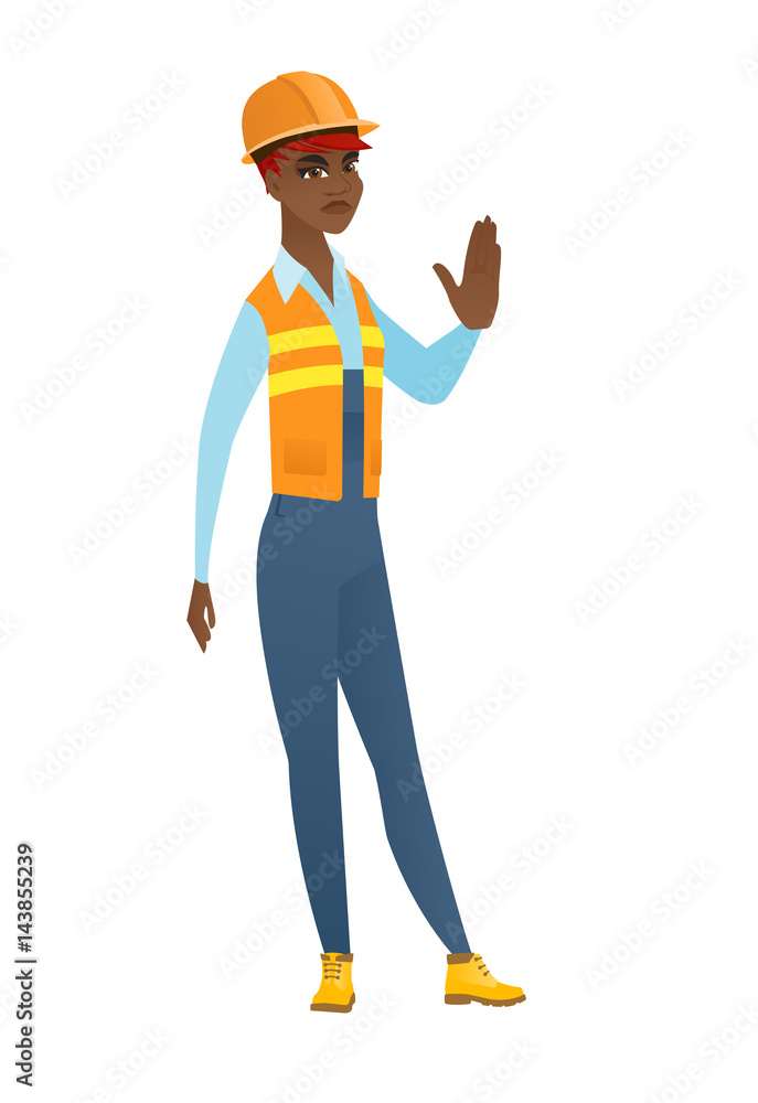 African-american builder showing stop hand gesture